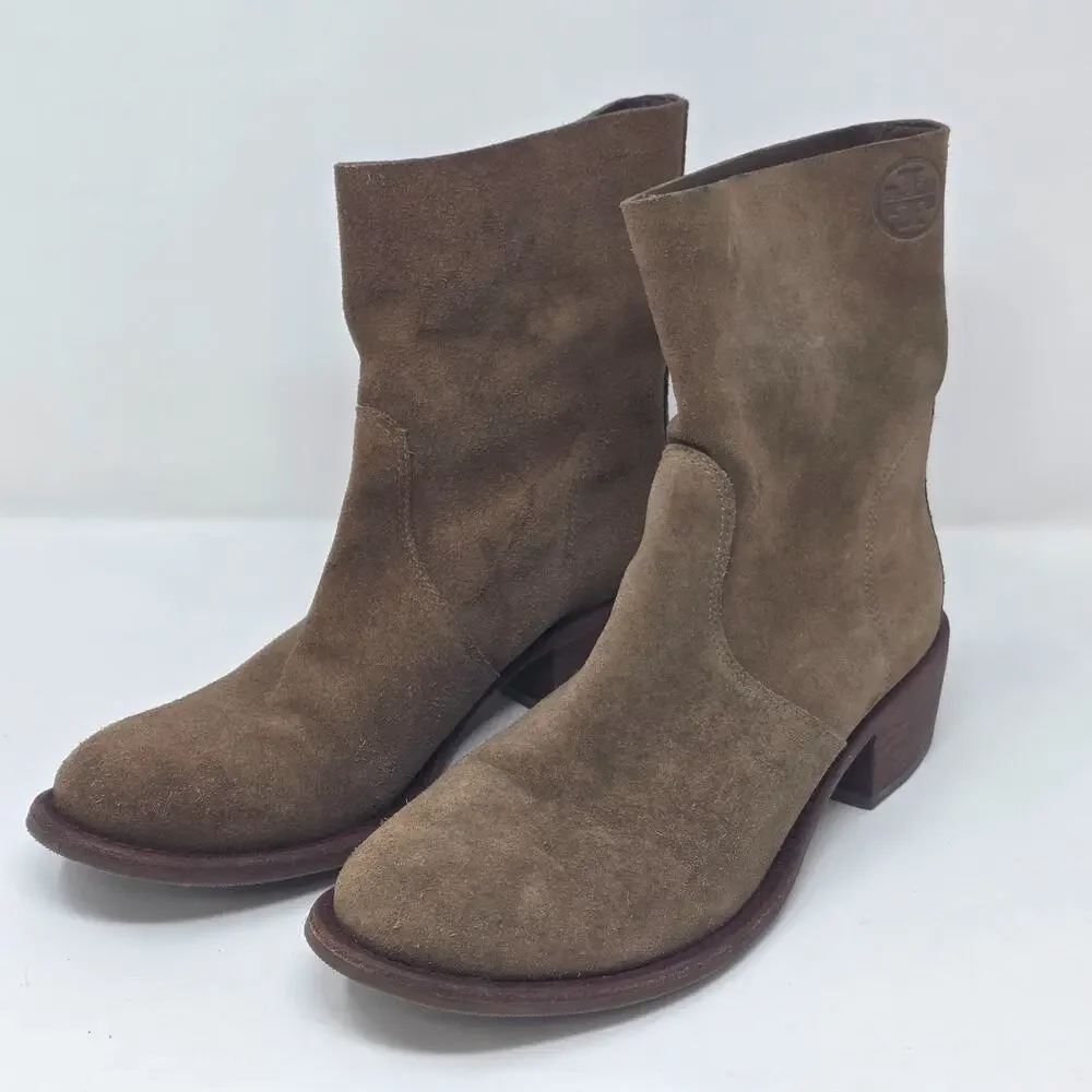 Tory Burch Siena Bootie Womens 9M Brown River Rock embossed Logo Boho Western